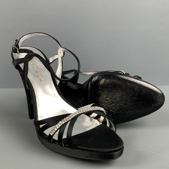 ESCADA Size 9 Black Silver Silk Rhinestones Ankle Strap Sandals - Picture 5 of 10